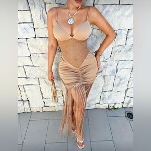 Dollhouse Tan Asymmetrical Fringe Dress